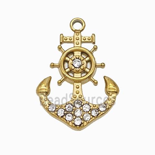 Stainless Steel Anchor Ship Wheel Pendant Pave Rhinestone Gold Plated