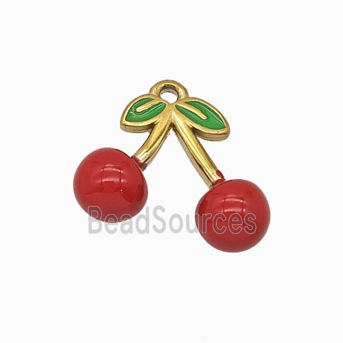 Stainless Steel Cherry Pendant Red Enamel Gold Plated