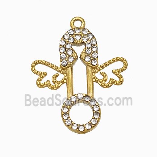 Stainless Steel Safety Pin Pendant Pave Rhinestone Angel Wings Gold Plated