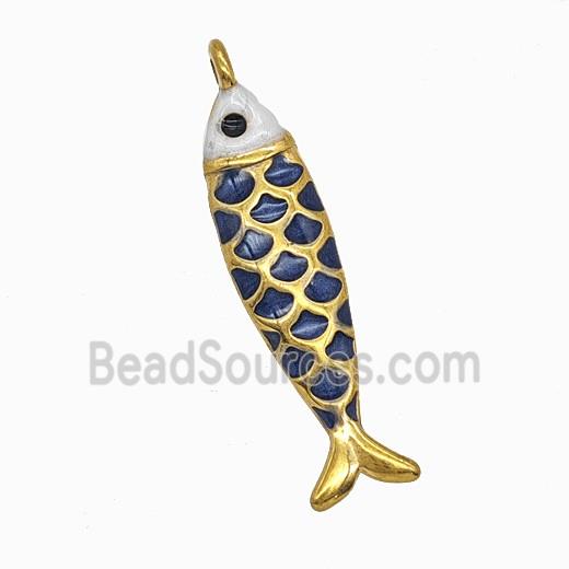 Stainless Steel Fish Pendant Inkblue Painted Gold Plated