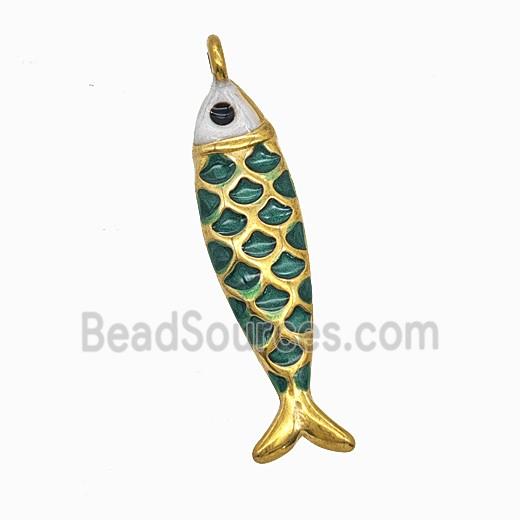 Stainless Steel Fish Pendant Green Painted Gold Plated
