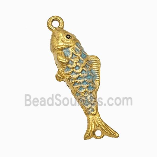 Stainless Steel Fish Pendant Teal Painted Gold Plated
