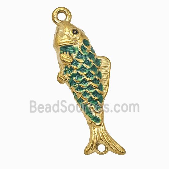 Stainless Steel Fish Pendant Green Painted Gold Plated