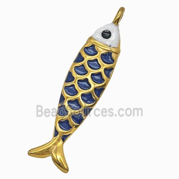 Stainless Steel Fish Pendant Navyblue Painted Gold Plated