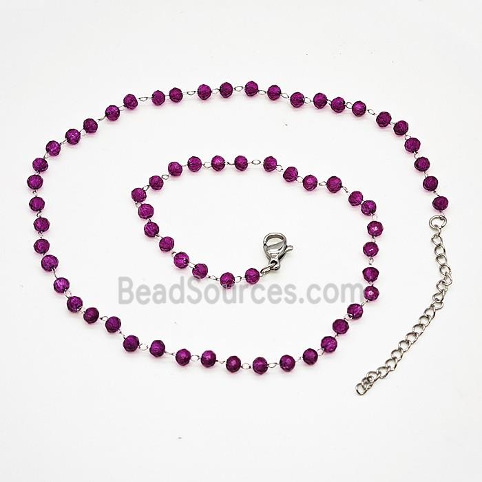 Stainless Steel Necklace with Glass bead, platinum plated