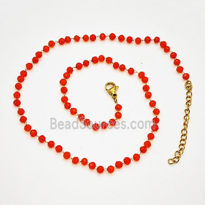 Stainless Steel Necklace with Glass bead, Gold plated