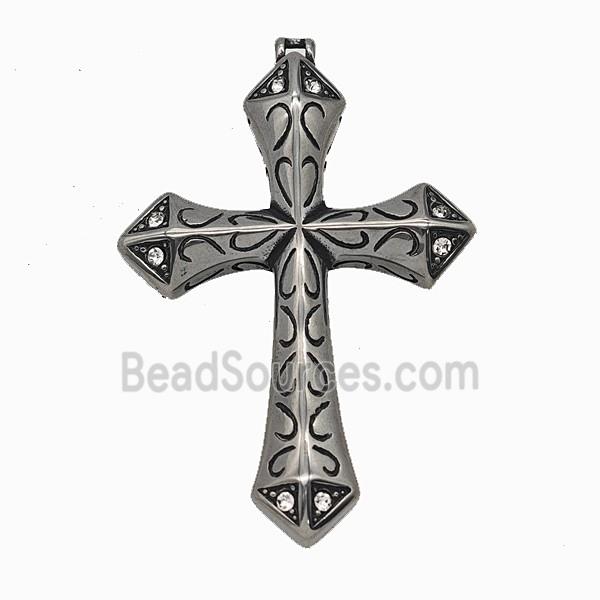 304 Stainless Steel Cross Pendant Pave Rhinestone Antique Silver