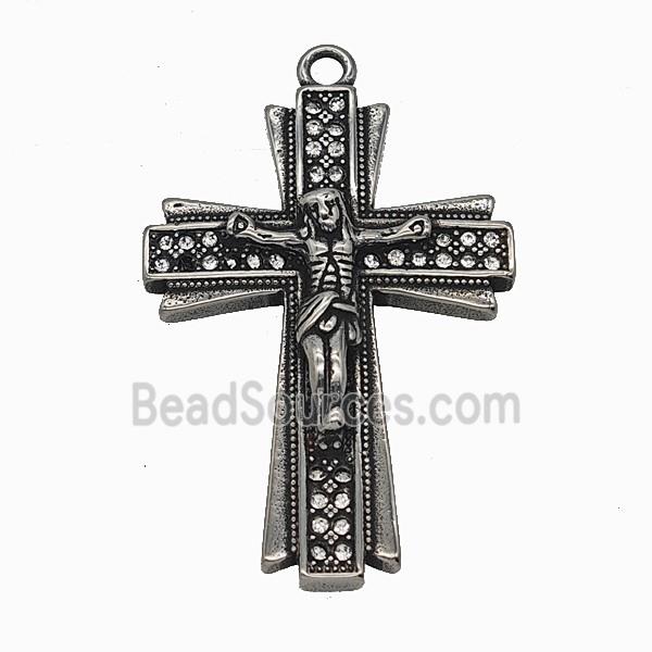 Crucifix Charms 304 Stainless Steel Cross Pendant Pave Rhinestone Antique Silver
