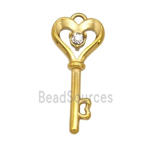 Stainless Steel Key Pendant Pave Rhinestone Gold Plated