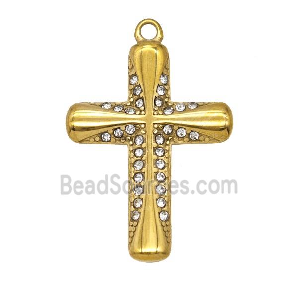 Stainless Steel Cross Pendant Pave Rhinestone Gold Plated