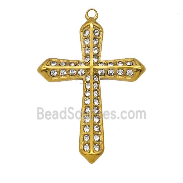 Stainless Steel Cross Pendant Pave Rhinestone Gold Plated