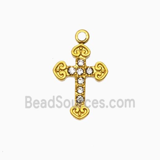 Stainless Steel Cross Pendant Pave Rhinestone Gold Plated