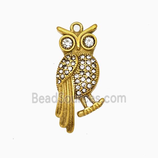 Stainless Steel Owl Pendant Pave Rhinestone Gold Plated