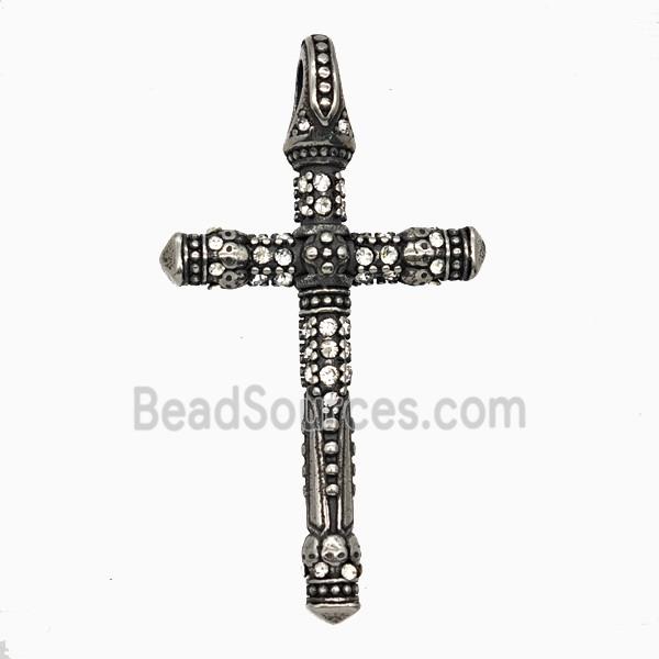 Stainless Steel Cross Pendant Pave Rhinestone Antique Silver