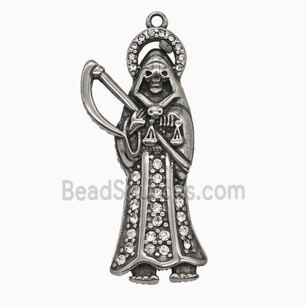 Gothic Grim Reaper Death Charms Stainless Steel Pendant Pave Rhinestone Antique Silver