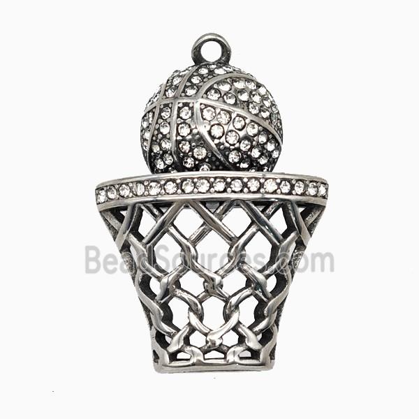 Stainless Steel Basketball Pendant Pave Rhinestone Hoop Sports Antique Silver