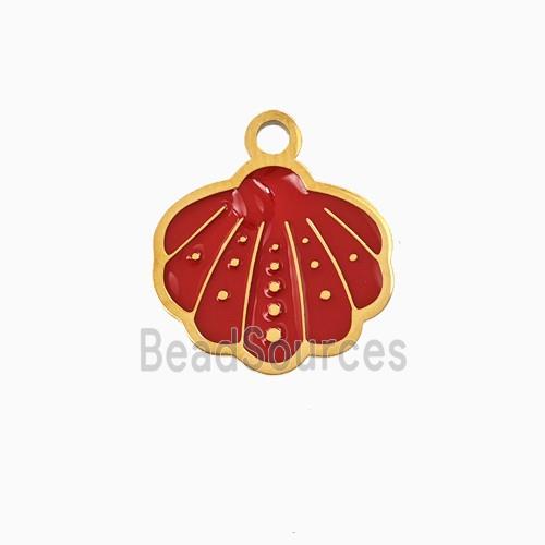 Stainless Steel Scallop Shell Pendant Red Enamel Gold Plated
