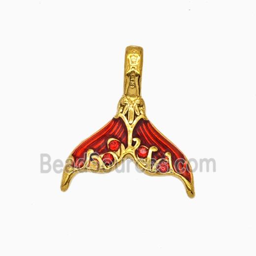 Stainless Steel Mermaid-Tail Pendant Pave Rhinestone Red Painted Gold Plated