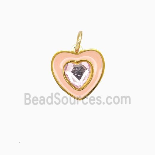 Stainless Steel Heart Pendant Pave Rhinestone Pink Enamel Gold Plated