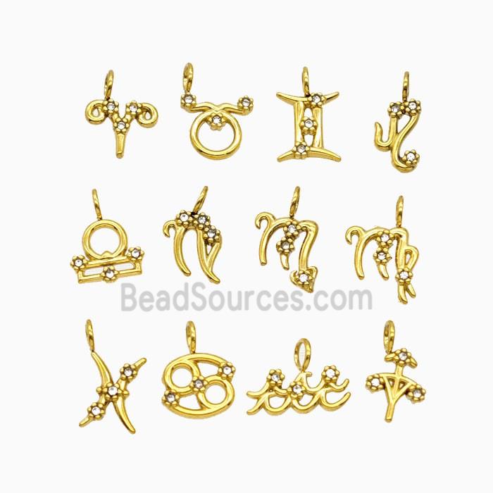 Stainless Steel Zodiac Pendant Pave Rhinestone Gold Plated Mixed