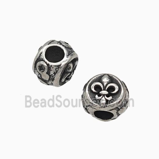 Stainless Steel Round Beads Fleur De Lis Large Hole Antique Silver