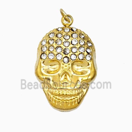 Stainless Steel Skull Pendant Pave Rhinestone Gold Plated