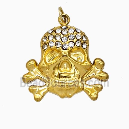 Stainless Steel Skull Pendant Pave Rhinestone Gold Plated