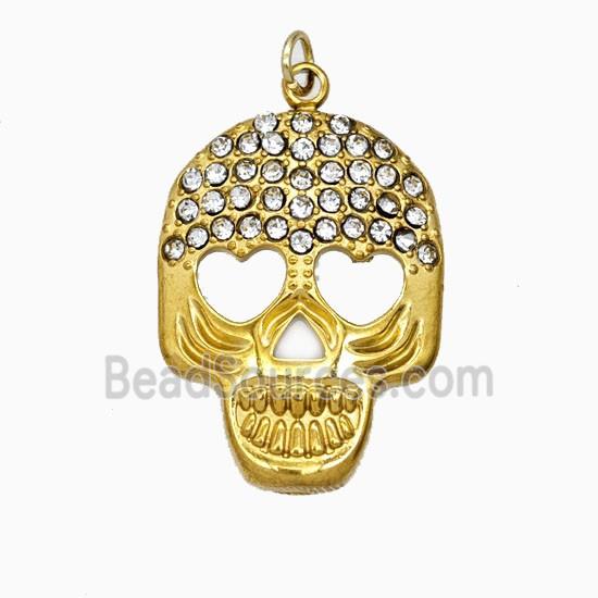 Stainless Steel Skull Pendant Pave Rhinestone Gold Plated