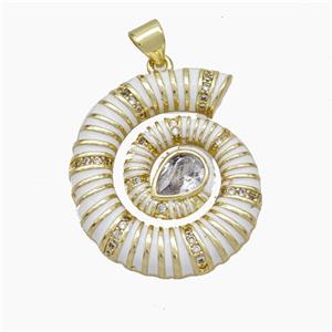 Nautilus Charms Copper Conch Shell Pendant Pave Zirconia White Enamel Gold Plated, approx 24-28mm