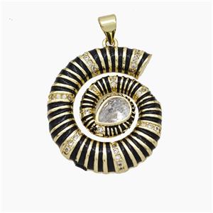 Nautilus Charms Copper Conch Shell Pendant Pave Zirconia Black Enamel Gold Plated, approx 24-28mm