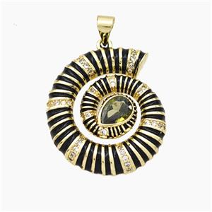 Nautilus Charms Copper Conch Shell Pendant Pave Zirconia Black Enamel Gold Plated, approx 24-28mm