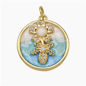 Copper Flower Pendant Pave Zirconia Circle Painted Gold Plated, approx 20mm