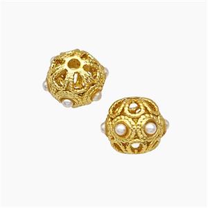 Copper Round Beads Pave Pearlized Resin Hollow Gold Plated, approx 7-9mm