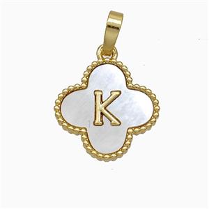 Copper Clover Pendant Pave Shell Letter-K 18K Gold Plated, approx 16mm