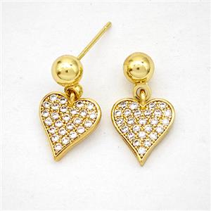 Copper Heart Stud Earrings Pave Zirconia Gold Plated, approx 10mm, 5mm