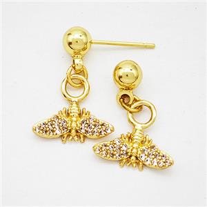 Copper Bee Stud Earrings Pave Zirconia Gold Plated, approx 7-14mm, 5mm