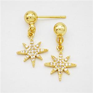 Copper Northstar Stud Earrings Pave Zirconia Gold Plated, approx 12mm, 5mm