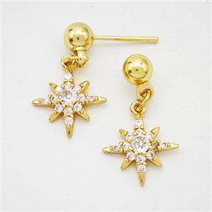 Copper Northstar Stud Earrings Pave Zirconia Gold Plated, approx 12mm, 5mm