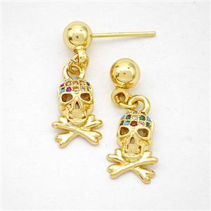 Copper Skull Stud Earrings Pave Zirconia Gold Plated, approx 8-12mm, 5mm