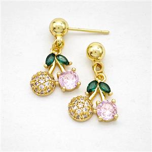 Copper Cherry Stud Earrings Pave Zirconia Gold Plated, approx 11-12mm, 5mm