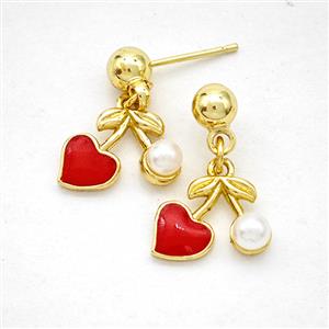Copper Cherry Stud Earrings Pave Pearlized Resin Red Enamel Gold Plated, approx 9-13mm, 5mm