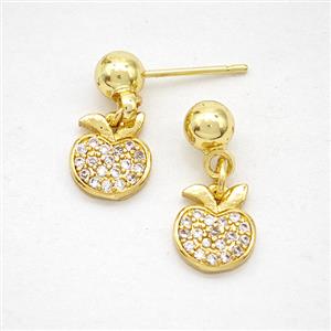 Copper Apple Stud Earrings Pave Zirconia Gold Plated, approx 8-9mm, 5mm