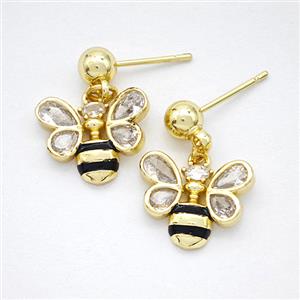 Copper Honeybee Stud Earrings Pave Zirconia Gold Plated, approx 12-14mm, 5mm