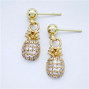 Copper Pineapple Stud Earrings Pave Zirconia Gold Plated, approx 8-13mm, 5mm