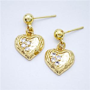 Copper Heart Stud Earrings Pave Zirconia Gold Plated, approx 13.5mm, 5mm