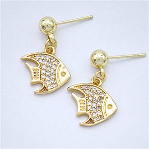Copper Fish Stud Earrings Pave Zirconia Gold Plated, approx 11-12mm, 5mm
