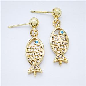 Copper Fish Stud Earrings Pave Zirconia Gold Plated, approx 9-18mm, 5mm