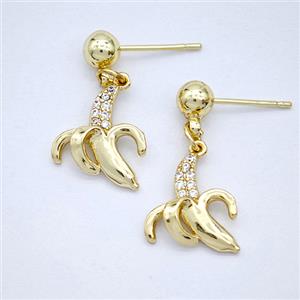 Copper Banana Stud Earrings Pave Zirconia Gold Plated, approx 12-14mm, 5mm