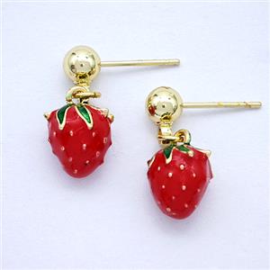 Copper Strawberry Stud Earrings Red Enamel Gold Plated, approx 9mm, 5mm