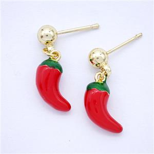 Copper Chili Stud Earrings Red Enamel Gold Plated, approx 6-10mm, 5mm
